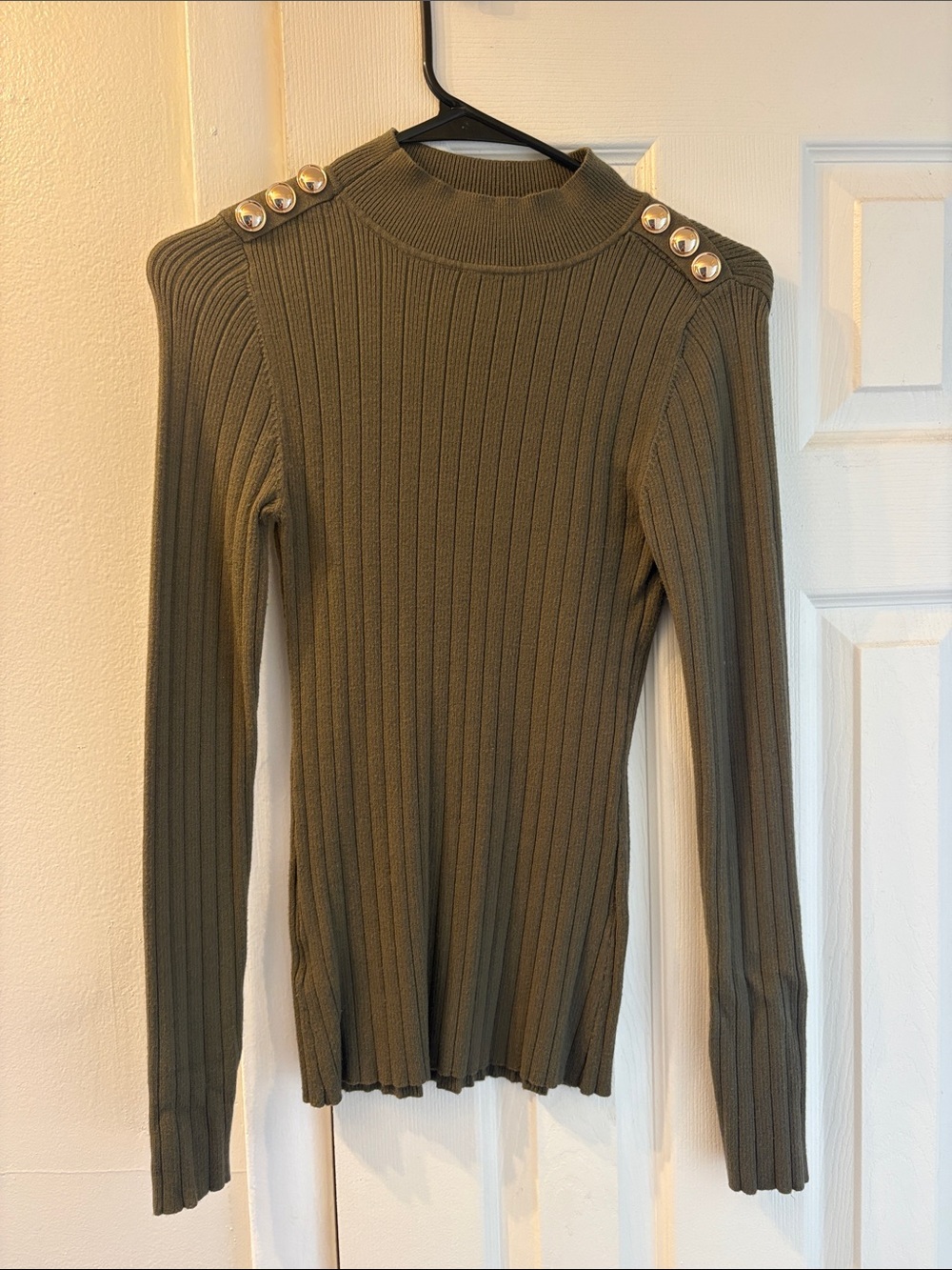 Olive Ribbed Button-Shoulder Sweater Top